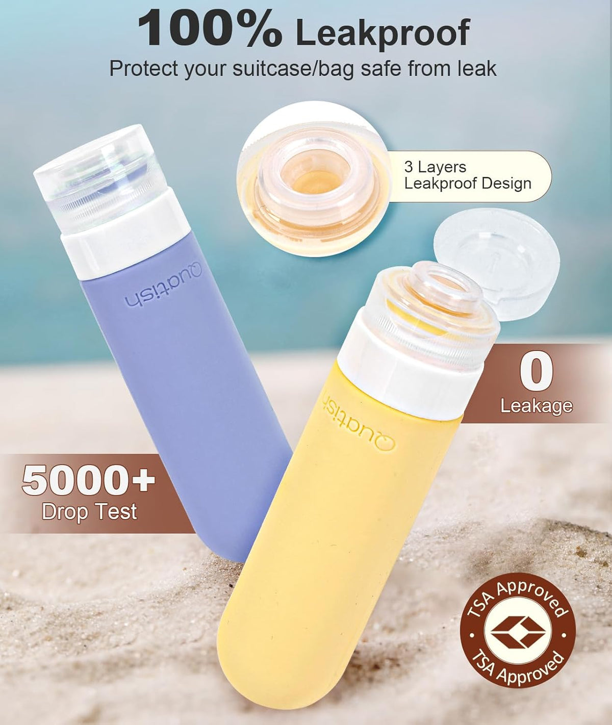 Quatish Travel Bottles for Toiletries 6 Pack, Original Patented Leakproof 3 oz Tsa Approved Travel Size Containers, BPA Free Silicone Shampoo and Conditioner Bottles, Camping Essentials