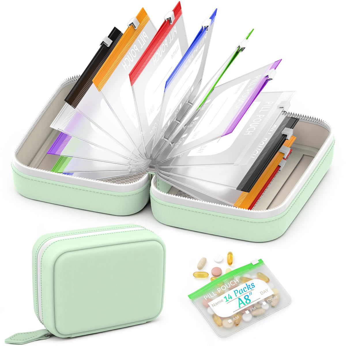 14 Pieces Pill Pouches Bags for Travel, A8 Reusable Zippered Pill Organizer