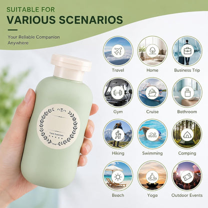 METAPACK 4Pack 6.8oz Travel Shampoo Bottles with Labels, Refillable Travel Bottles, Flip Top Squeeze Bottles, Portable Plastic Toiletry Containers for Lotion, Conditioner & Body Wash(blue, green)