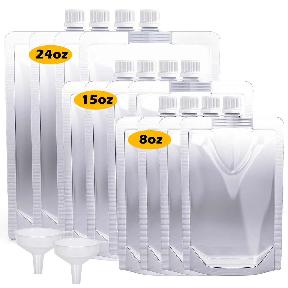 Keon Plastic Pouches - Leak-Proof, Reusable, Flexible Juice Bags, BPA-Free for Travel, Outdoor Sports, Concerts, Events (8OZ - 10PCS + 2 Funnels)