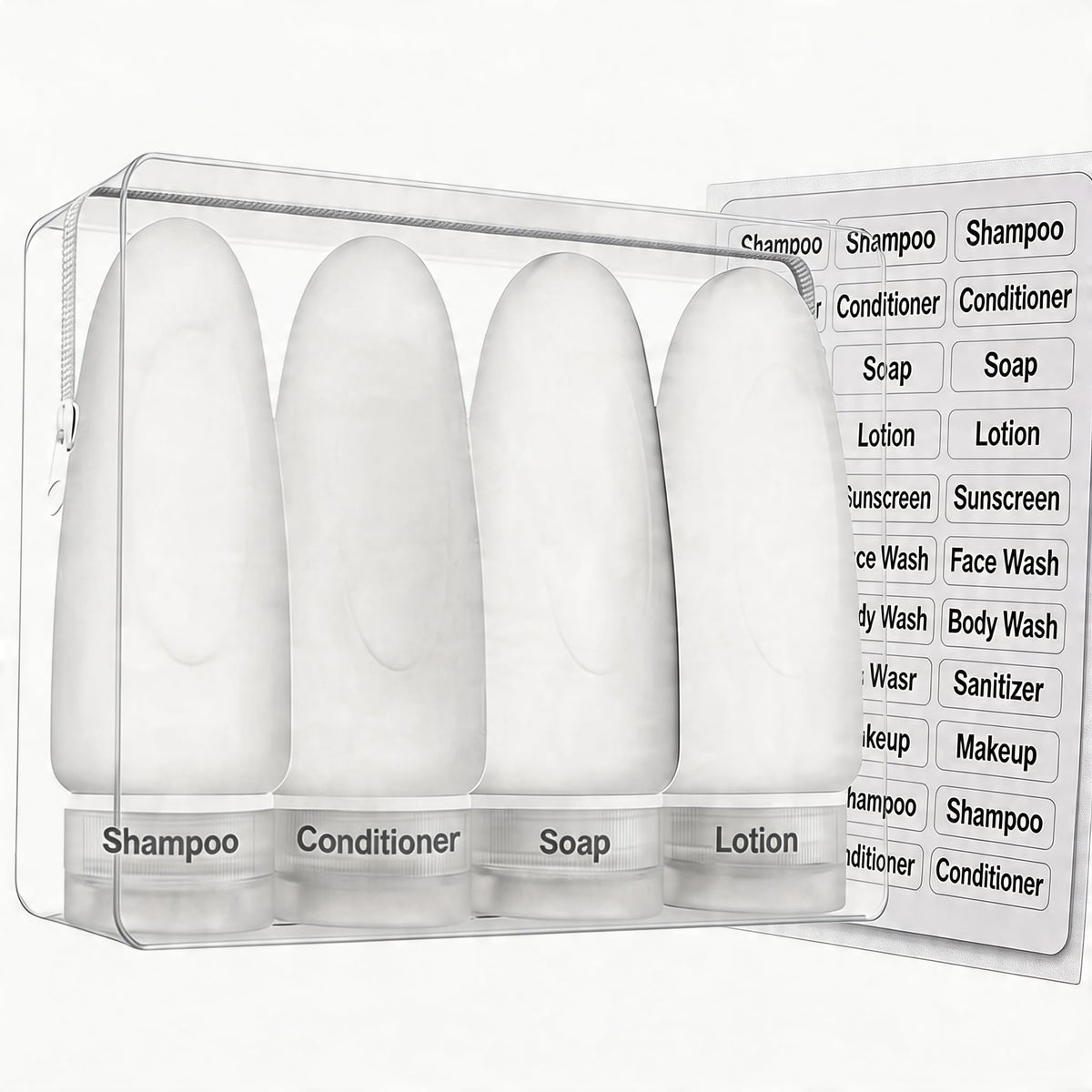Travel Pouches for Toiletries, 13 Pack TSA Approved Refillable Travel Liquid Pouches, Flat Travel Bottles for Toiletries, Reusable 3oz Portable Containers with Funnel, Labels & Clear Carry On Bag