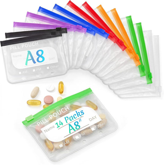14 Pieces Pill Pouches Bags for Travel, A8 Reusable Zippered Pill Organizer