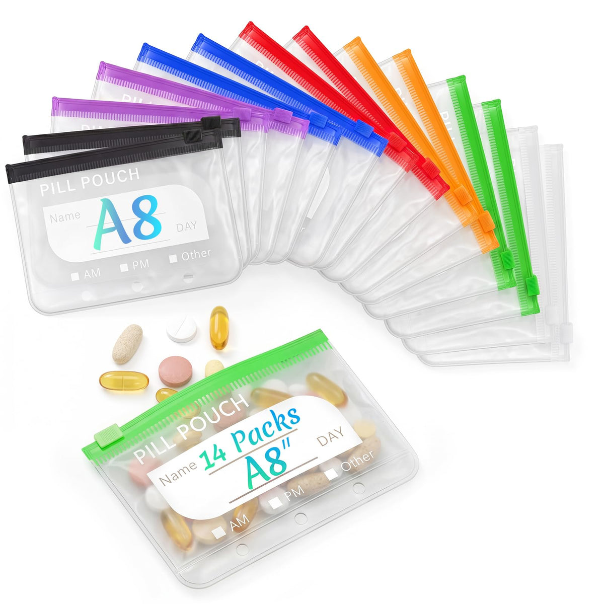 14 Pieces Pill Pouches Bags for Travel, A8 Reusable Zippered Pill Organizer