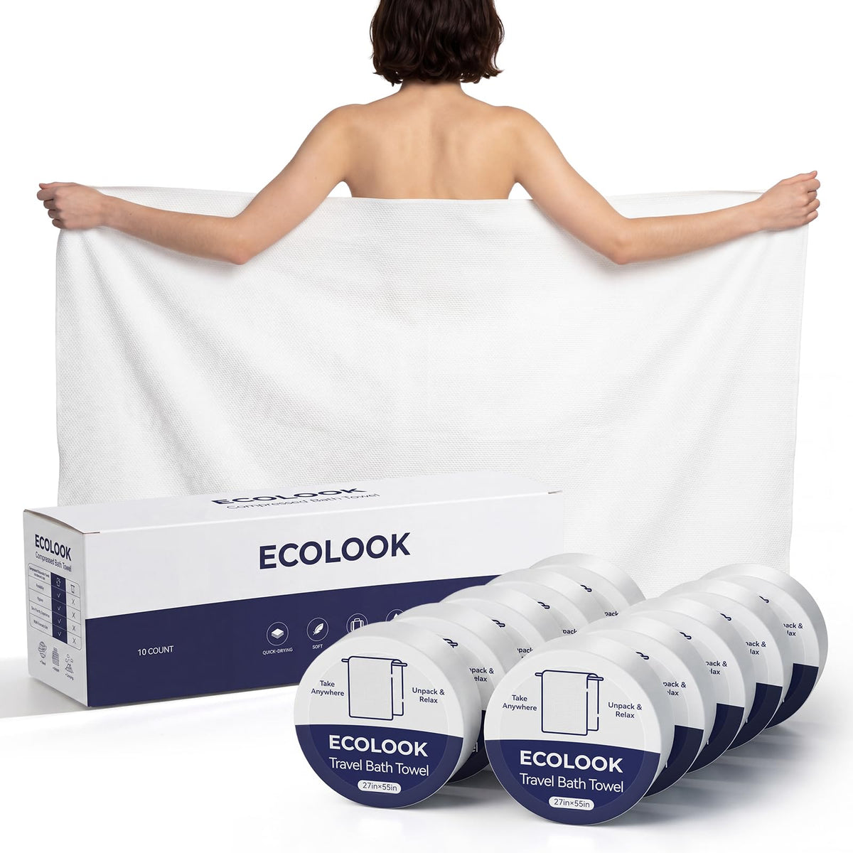 ecolook Compressed Disposable Bath Towels, 31 x 63 Inch 90GSM Ultra Thick Soft Travel Towel, Reusable Plant Fiber Towels for Camping Beach Swimming Hotel & Daily Use - 6 Pack