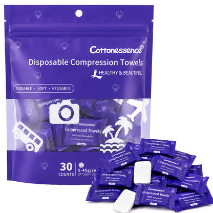 Cottonessence Premium Compressed Towels (50-Pack) - 9.4" x 11.8" Individually Wrapped Coin Tissues, Portable Towels for Travel, Hiking, Gym, Spa, Beauty Salon, Makeup, Baby Care, Outdoor Use