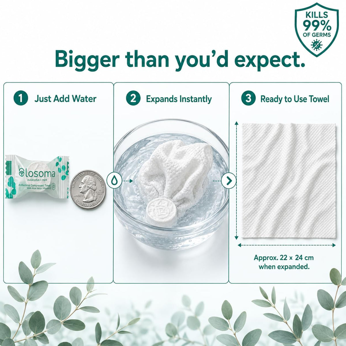 Eucalyptus & Mint Compressed Towels for Travel & Camping – Antibacterial Instant Expandable Face Towels, Biodegradable Disposable Cotton, Pack of 25