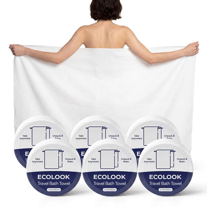 ecolook Compressed Disposable Bath Towels, 31 x 63 Inch 90GSM Ultra Thick Soft Travel Towel, Reusable Plant Fiber Towels for Camping Beach Swimming Hotel & Daily Use - 6 Pack