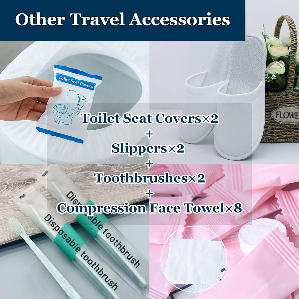 Extguds Disposable Travel Set: Bed Sheet×1+Duvet Cover×1+Pillow case×2+Bath Towels×2+Shower Caps×2+Plastic Bathtub Bag×2+Toilet Seat Covers×2+Compression face Towel×8+Toothbrushes×2+Slippers×2
