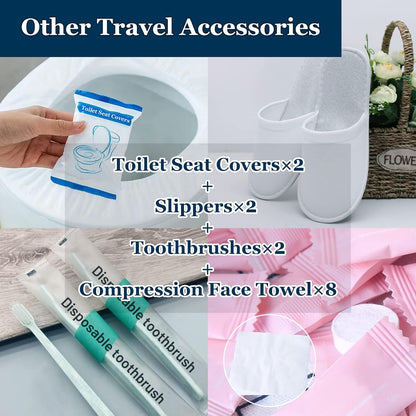 Extguds Disposable Travel Set: Bed Sheet×1+Duvet Cover×1+Pillow case×2+Bath Towels×2+Shower Caps×2+Plastic Bathtub Bag×2+Toilet Seat Covers×2+Compression face Towel×8+Toothbrushes×2+Slippers×2