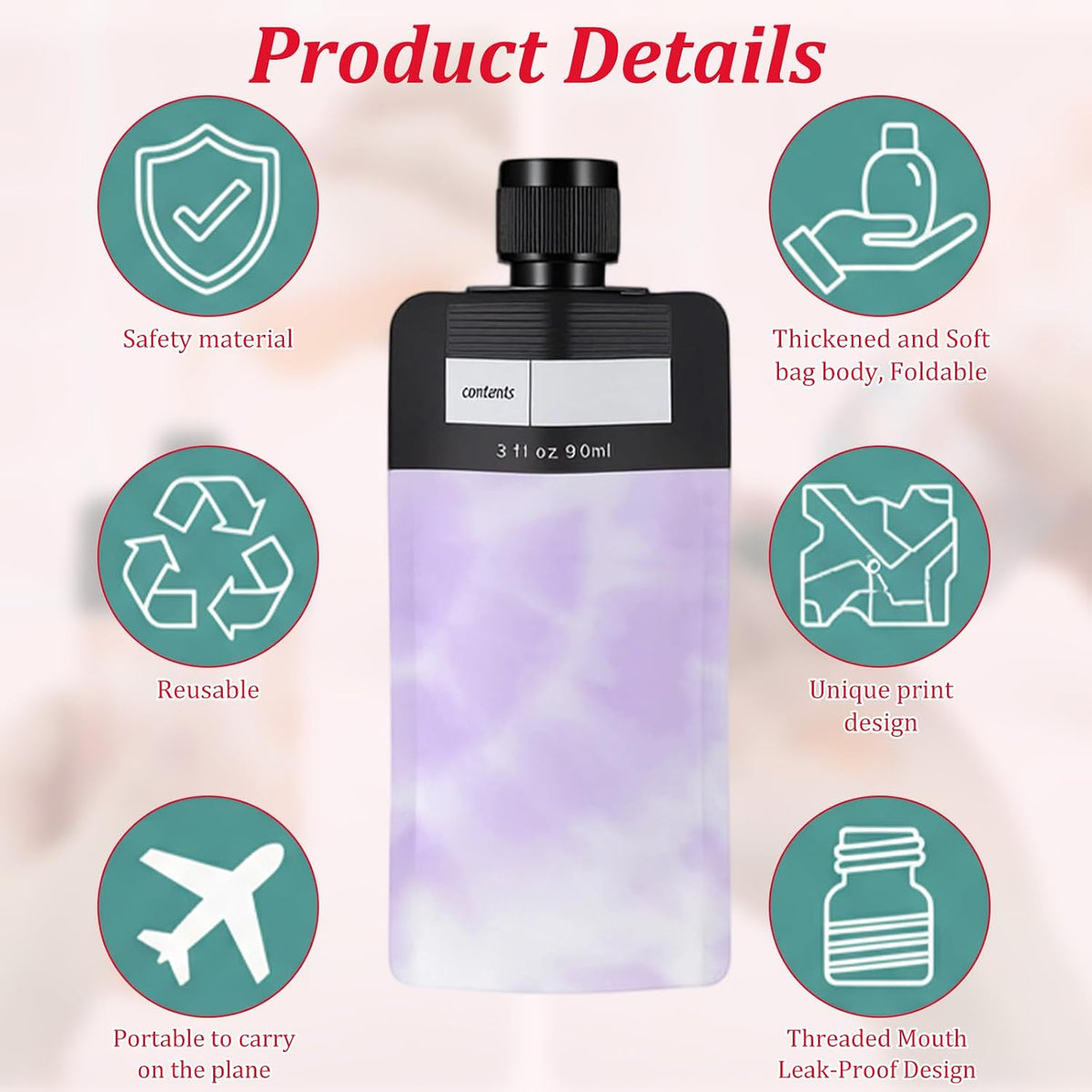 6PCS Travel Liquid Container Set - Refillable Travel Pouches for Toiletries, 3oz TSA Approved Squeeze Pouches, Travel Shampoo Skin Care Containers
