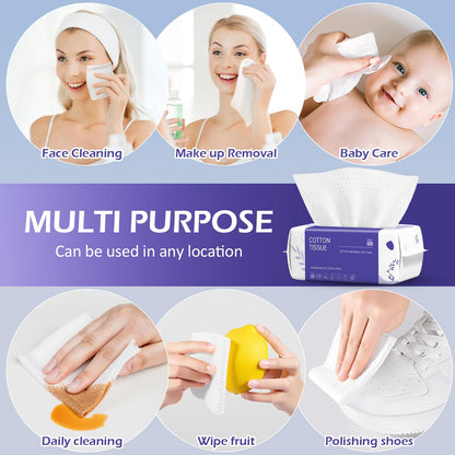 Disposable Face Towel 100 Count, Face Towels, Soft Cotton Dry Wipes Facial Cloths Towelettes for Washing and Drying, Facial Tissue for Cleansing, Skincare and Makeup Remover