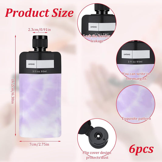 6PCS Travel Liquid Container Set - Refillable Travel Pouches for Toiletries, 3oz TSA Approved Squeeze Pouches, Travel Shampoo Skin Care Containers