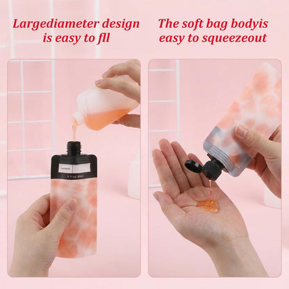 6PCS Travel Liquid Container Set - Refillable Travel Pouches for Toiletries, 3oz TSA Approved Squeeze Pouches, Travel Shampoo Skin Care Containers