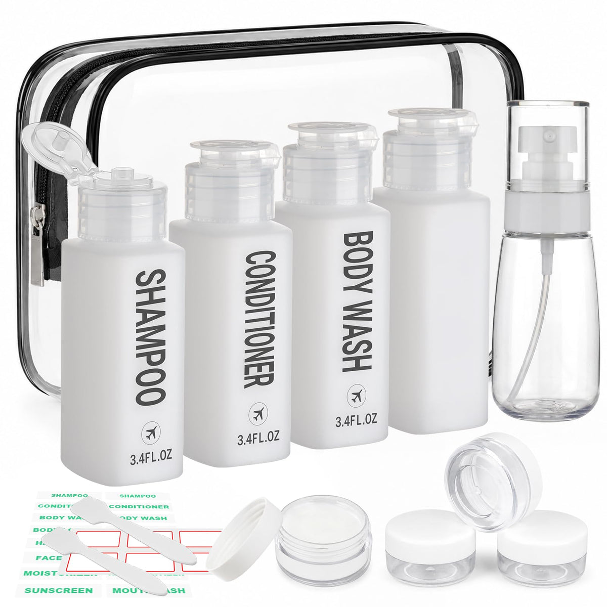 Travel Bottles for Toiletries 14PCS 3.4oz Pre-Printed Containers