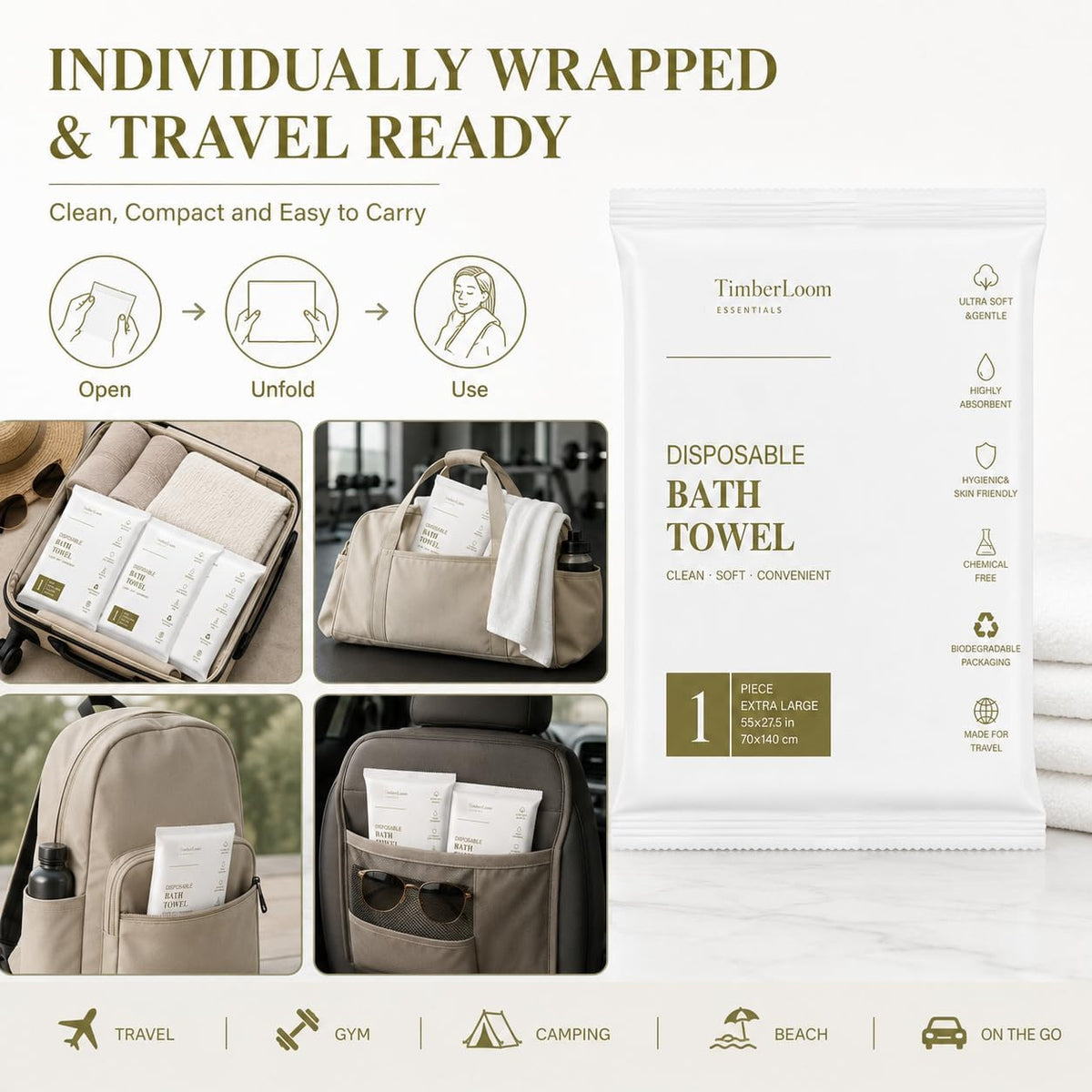 6 Pack Disposable Bath Towels for Travel 55" x 27.5" Large Individually Wrapped Travel Towel, Disposable Dry Body Towels Bulk for Shower Camping Hotel Bathroom Gym Hiking Family Vacation