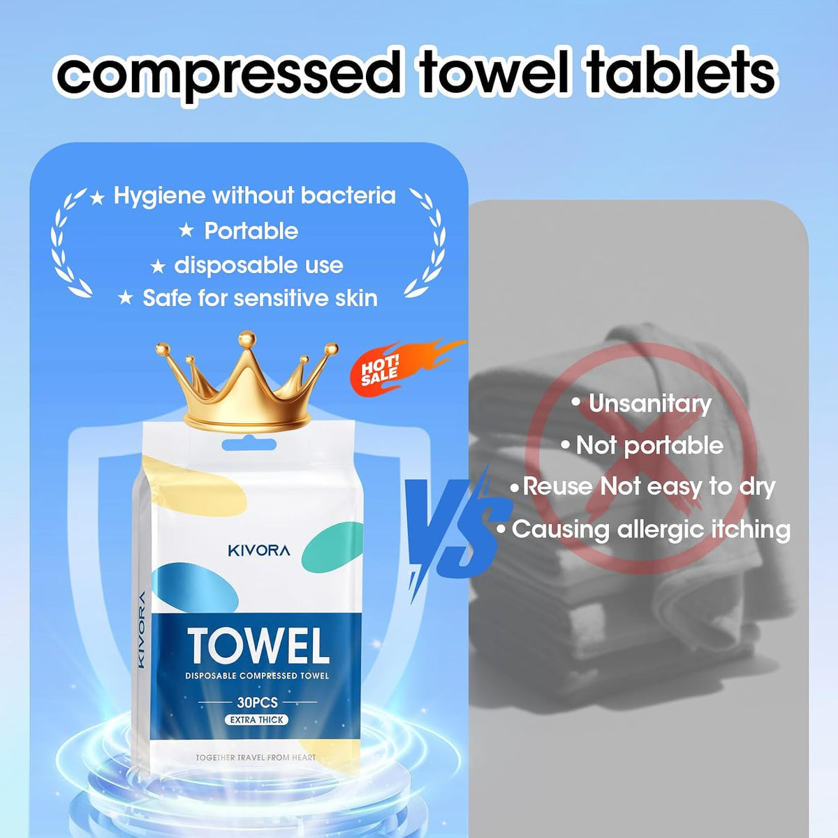 KIVORA Extra Thick Compressed Towels, Ultra Soft, 30 Pack for Travel