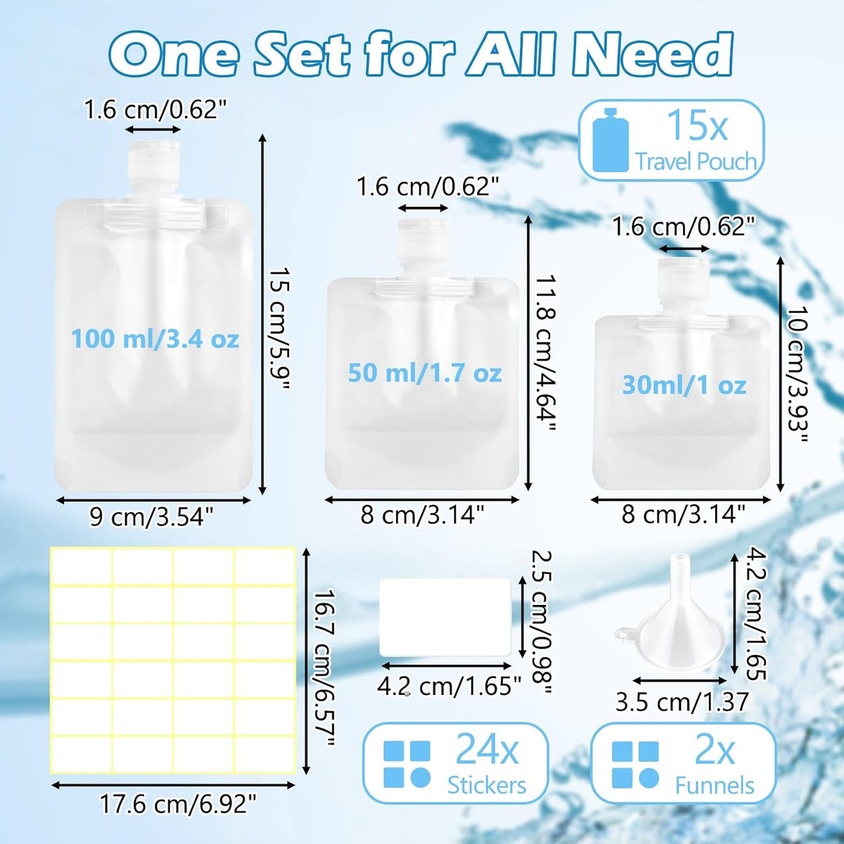 15 Pcs Travel Pouches for Toiletries, 3.4oz/100ml Leak Proof Squeeze Pouches, Refillable Stand Up Pouches with Labels, TSA Approved Travel Containers for Shampoo, Conditioner