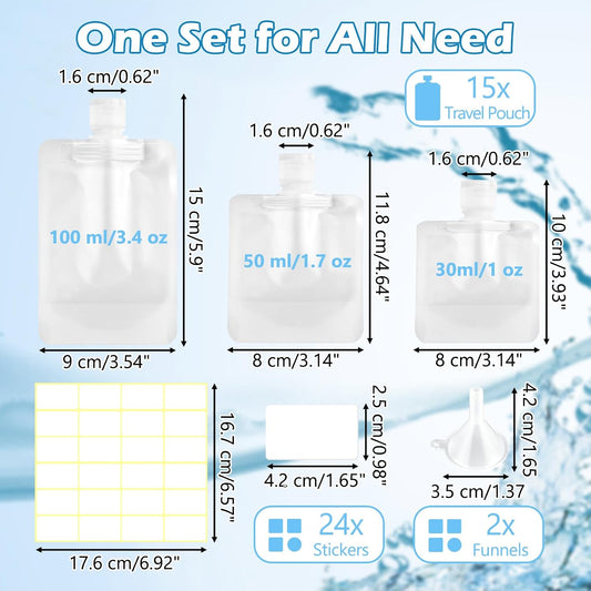 15 Pcs Travel Pouches for Toiletries, 3.4oz/100ml Leak Proof Squeeze Pouches, Refillable Stand Up Pouches with Labels, TSA Approved Travel Containers for Shampoo, Conditioner