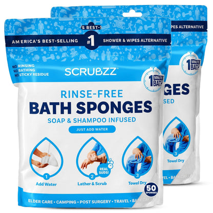 Scrubzz Disposable Rinse Free Bathing Wipes - 25 Pack - All-in-1 Single Use Shower Wipes, Simply Dampen, Lather, and Dry Without Shampoo or Rinsing