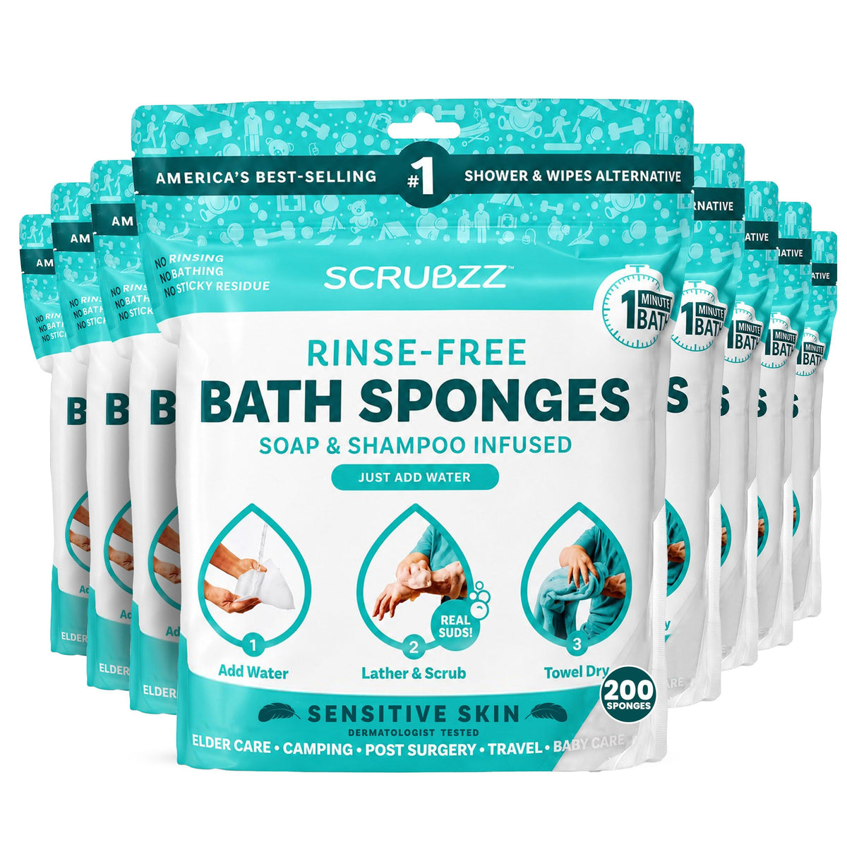 Scrubzz Disposable Rinse Free Bathing Wipes - 25 Pack - All-in-1 Single Use Shower Wipes, Simply Dampen, Lather, and Dry Without Shampoo or Rinsing