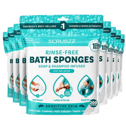Scrubzz Disposable Rinse Free Bathing Wipes - 25 Pack - All-in-1 Single Use Shower Wipes, Simply Dampen, Lather, and Dry Without Shampoo or Rinsing