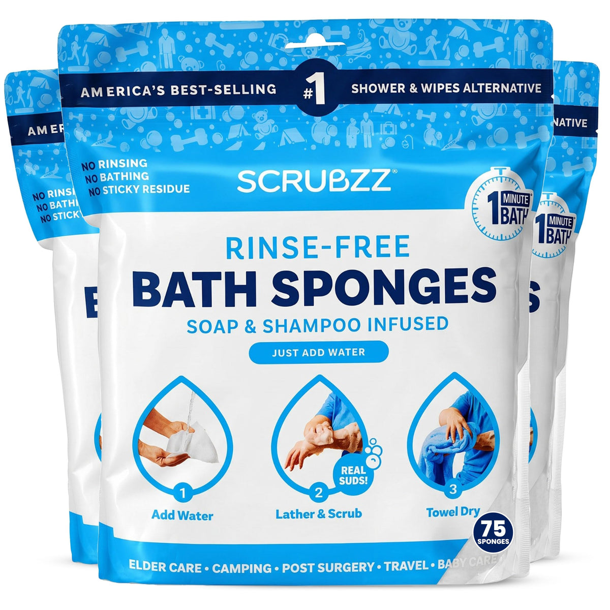 Scrubzz Disposable Rinse Free Bathing Wipes - 25 Pack - All-in-1 Single Use Shower Wipes, Simply Dampen, Lather, and Dry Without Shampoo or Rinsing