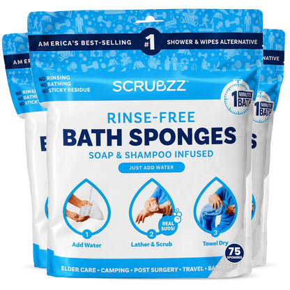 Scrubzz Disposable Rinse Free Bathing Wipes - 25 Pack - All-in-1 Single Use Shower Wipes, Simply Dampen, Lather, and Dry Without Shampoo or Rinsing