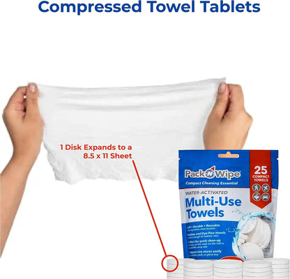 Disposable Compressed Towel Tablets - Absorbent, Durable & Reusable Paper Towels - Great Cleaning Cloths, Camping Towels and Soft, Eco-Friendly Baby Wipes - 8.5”x11” - (25 Towels & 1 Tube)