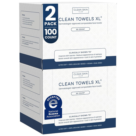 Clean Skin Club Clean Towels XL®, 100% USDA Biobased Face Towel, Disposable Face Towelette, Eczema Association Accepted, Makeup Remover Dry Wipes, Ultra Soft, 50 ct per pack, 2 Packs, 100 Ct Total