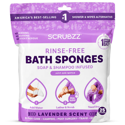 Scrubzz Disposable Rinse Free Bathing Wipes - 25 Pack - All-in-1 Single Use Shower Wipes, Simply Dampen, Lather, and Dry Without Shampoo or Rinsing