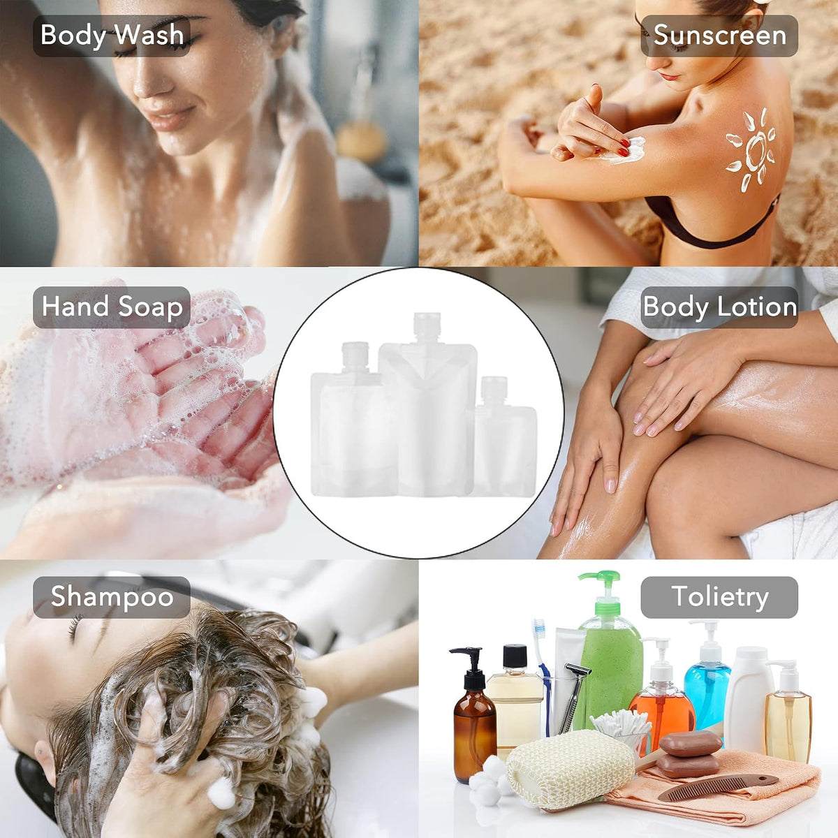 18 Pieces 3 Sizes 30ml/50ml/100ml Travel Size Refillable Empty Squeeze Pouch, Stand Up Pouch for Toiletry, Lotion Shampoo Shower Gel Squeezable Bags, Leakproof Cosmetic Containers
