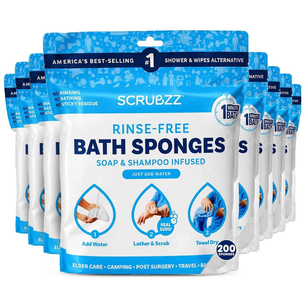 Scrubzz Disposable Rinse Free Bathing Wipes - 25 Pack - All-in-1 Single Use Shower Wipes, Simply Dampen, Lather, and Dry Without Shampoo or Rinsing
