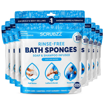 Scrubzz Disposable Rinse Free Bathing Wipes - 25 Pack - All-in-1 Single Use Shower Wipes, Simply Dampen, Lather, and Dry Without Shampoo or Rinsing