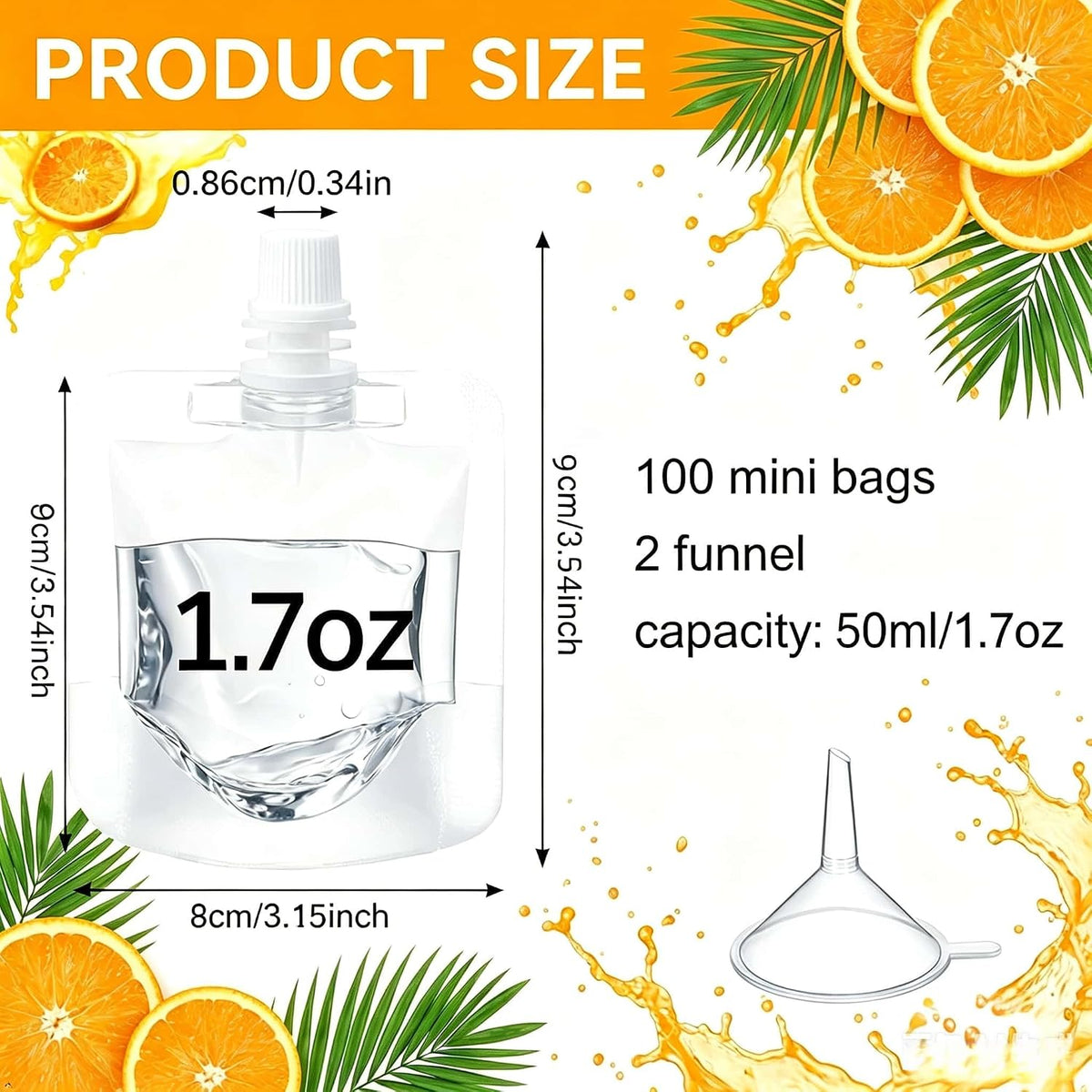 Clear Plastic Juice Bags, 50ml/1.7 oz，100 Pack Reusable Squeeze Pouches