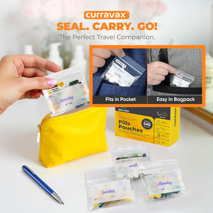 Pill Bags for Travel Pill Pouch Organizer Pack of 540 BPA Free 3 x 2.75 inch Pill Pouches for Medicine Reusable with Write on Label & Waterproof Zipper Seal AM PM Pill Baggies for Vitamins by CURRAVAX