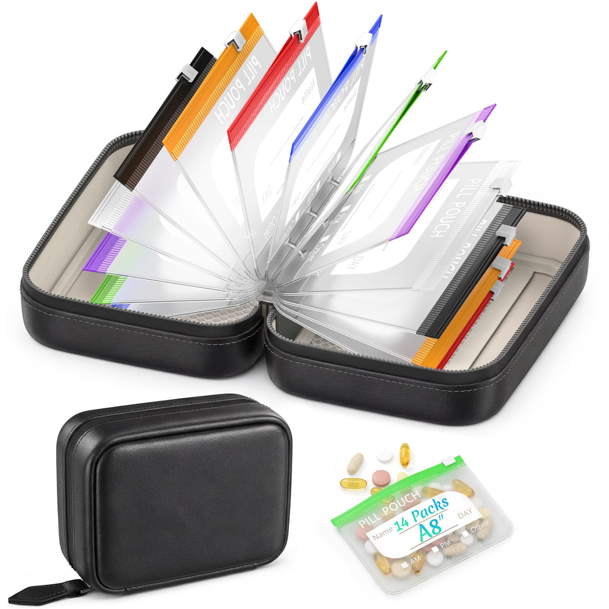 14 Pieces Pill Pouches Bags for Travel, A8 Reusable Zippered Pill Organizer