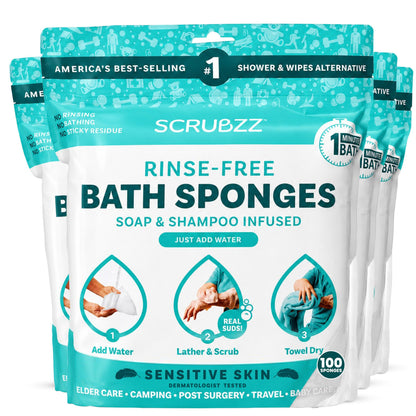 Scrubzz Disposable Rinse Free Bathing Wipes - 25 Pack - All-in-1 Single Use Shower Wipes, Simply Dampen, Lather, and Dry Without Shampoo or Rinsing