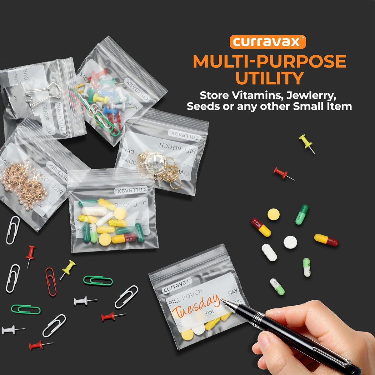 Pill Bags for Travel Pill Pouch Organizer Pack of 540 BPA Free 3 x 2.75 inch Pill Pouches for Medicine Reusable with Write on Label & Waterproof Zipper Seal AM PM Pill Baggies for Vitamins by CURRAVAX
