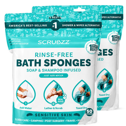 Scrubzz Disposable Rinse Free Bathing Wipes - 25 Pack - All-in-1 Single Use Shower Wipes, Simply Dampen, Lather, and Dry Without Shampoo or Rinsing