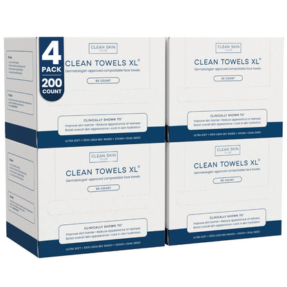 Clean Skin Club Clean Towels XL®, 100% USDA Biobased Face Towel, Disposable Face Towelette, Eczema Association Accepted, Makeup Remover Dry Wipes, Ultra Soft, 50 ct per pack, 2 Packs, 100 Ct Total