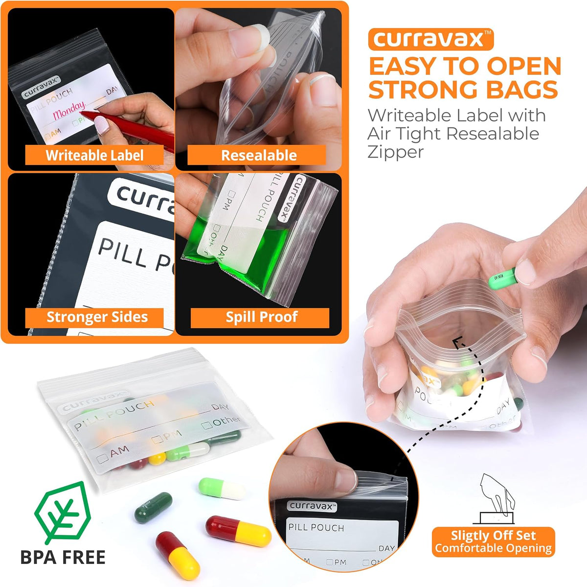 Pill Bags for Travel Pill Pouch Organizer Pack of 540 BPA Free 3 x 2.75 inch Pill Pouches for Medicine Reusable with Write on Label & Waterproof Zipper Seal AM PM Pill Baggies for Vitamins by CURRAVAX