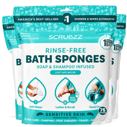 Scrubzz Disposable Rinse Free Bathing Wipes - 25 Pack - All-in-1 Single Use Shower Wipes, Simply Dampen, Lather, and Dry Without Shampoo or Rinsing