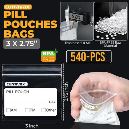 Pill Bags for Travel Pill Pouch Organizer Pack of 540 BPA Free 3 x 2.75 inch Pill Pouches for Medicine Reusable with Write on Label & Waterproof Zipper Seal AM PM Pill Baggies for Vitamins by CURRAVAX