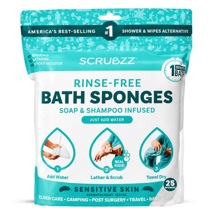 Scrubzz Disposable Rinse Free Bathing Wipes - 25 Pack - All-in-1 Single Use Shower Wipes, Simply Dampen, Lather, and Dry Without Shampoo or Rinsing