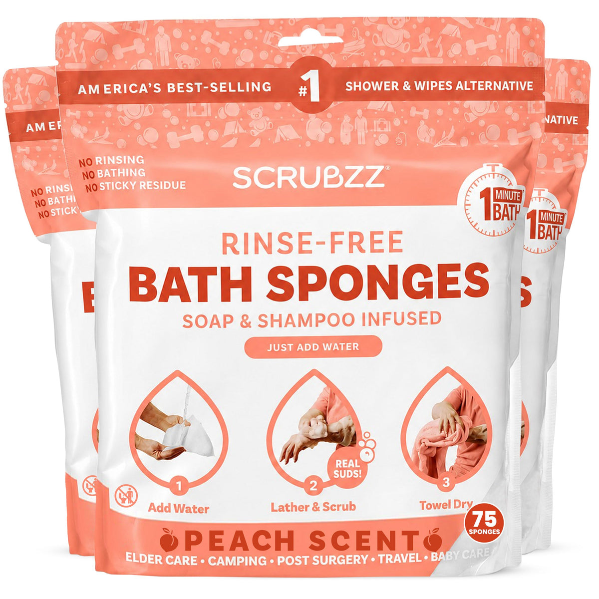 Scrubzz Disposable Rinse Free Bathing Wipes - 25 Pack - All-in-1 Single Use Shower Wipes, Simply Dampen, Lather, and Dry Without Shampoo or Rinsing