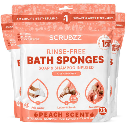 Scrubzz Disposable Rinse Free Bathing Wipes - 25 Pack - All-in-1 Single Use Shower Wipes, Simply Dampen, Lather, and Dry Without Shampoo or Rinsing