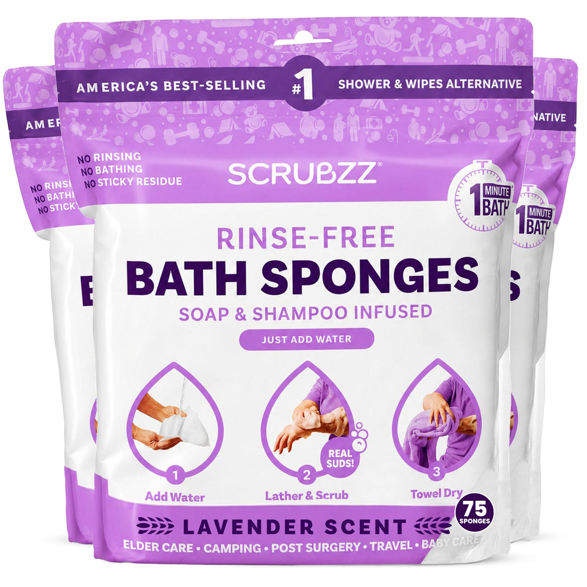 Scrubzz Disposable Rinse Free Bathing Wipes - 25 Pack - All-in-1 Single Use Shower Wipes, Simply Dampen, Lather, and Dry Without Shampoo or Rinsing