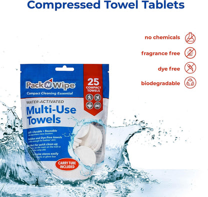 Disposable Compressed Towel Tablets - Absorbent, Durable & Reusable Paper Towels - Great Cleaning Cloths, Camping Towels and Soft, Eco-Friendly Baby Wipes - 8.5”x11” - (25 Towels & 1 Tube)